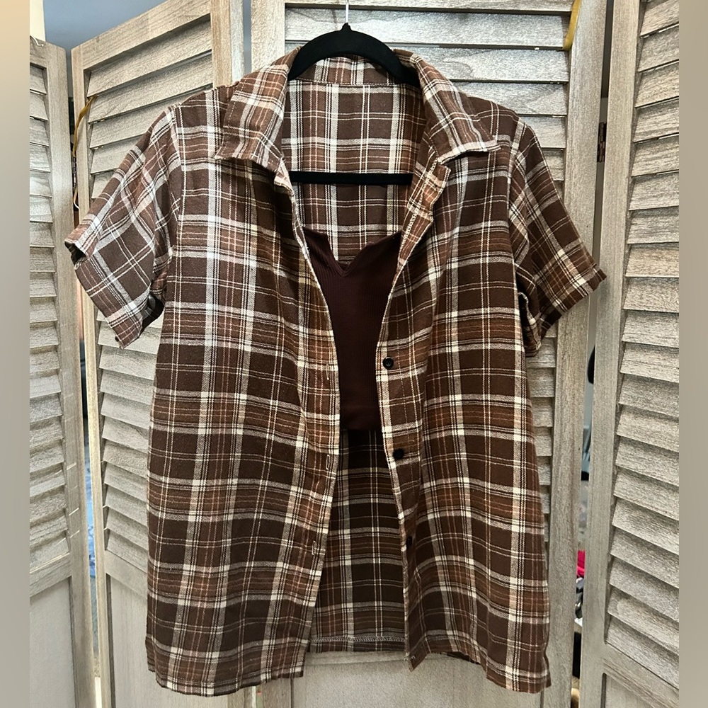 ROMWE Brown Plaid Short Sleeve Boyfriend Shirt Women’s Size 4 Small